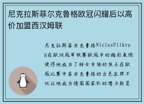 尼克拉斯菲尔克鲁格欧冠闪耀后以高价加盟西汉姆联 尼克拉斯菲尔克鲁格欧冠闪耀后以高价加盟西汉姆联