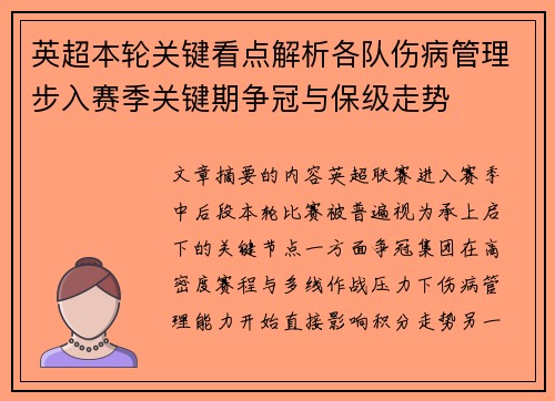 英超本轮关键看点解析各队伤病管理步入赛季关键期争冠与保级走势 英超本轮关键看点解析各队伤病管理步入赛季关键期争冠与保级走势